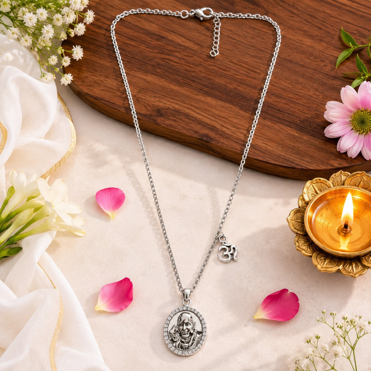 Guru Ji Bade Mandir Pendant with OM Charm Chain | Brass with Premium Silver Finish | 18 Inch Devotional Necklace | Unisex Spiritual Pendant