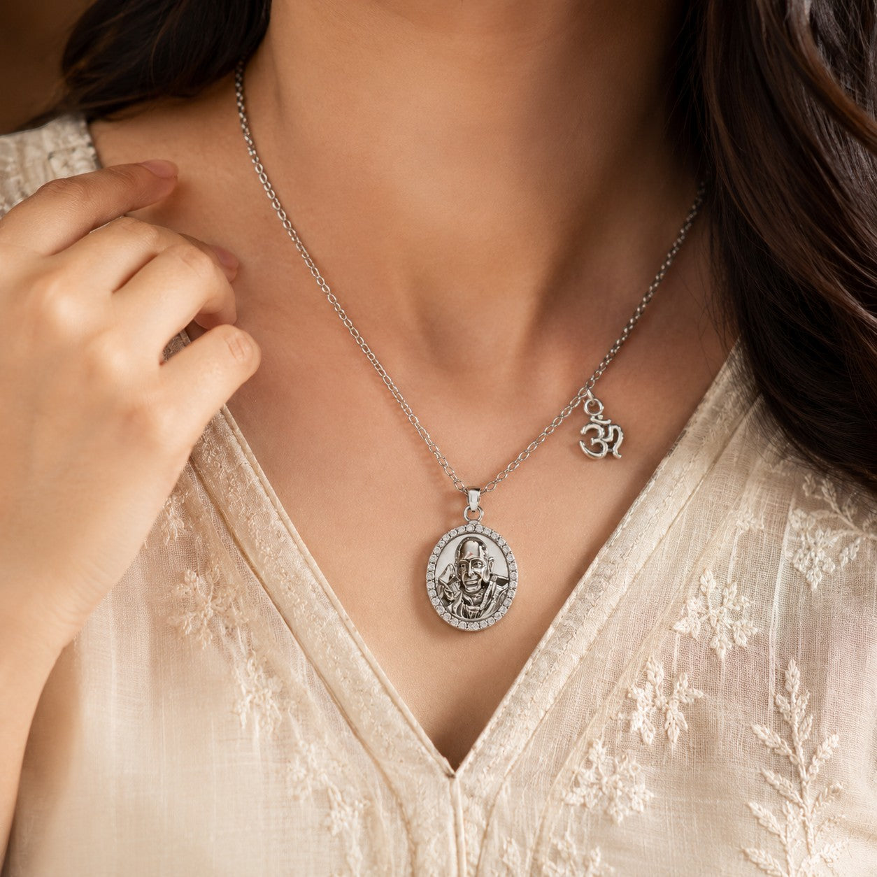 Guru Ji Bade Mandir Pendant with OM Charm Chain | Brass with Premium Silver Finish | 18 Inch Devotional Necklace | Unisex Spiritual Pendant