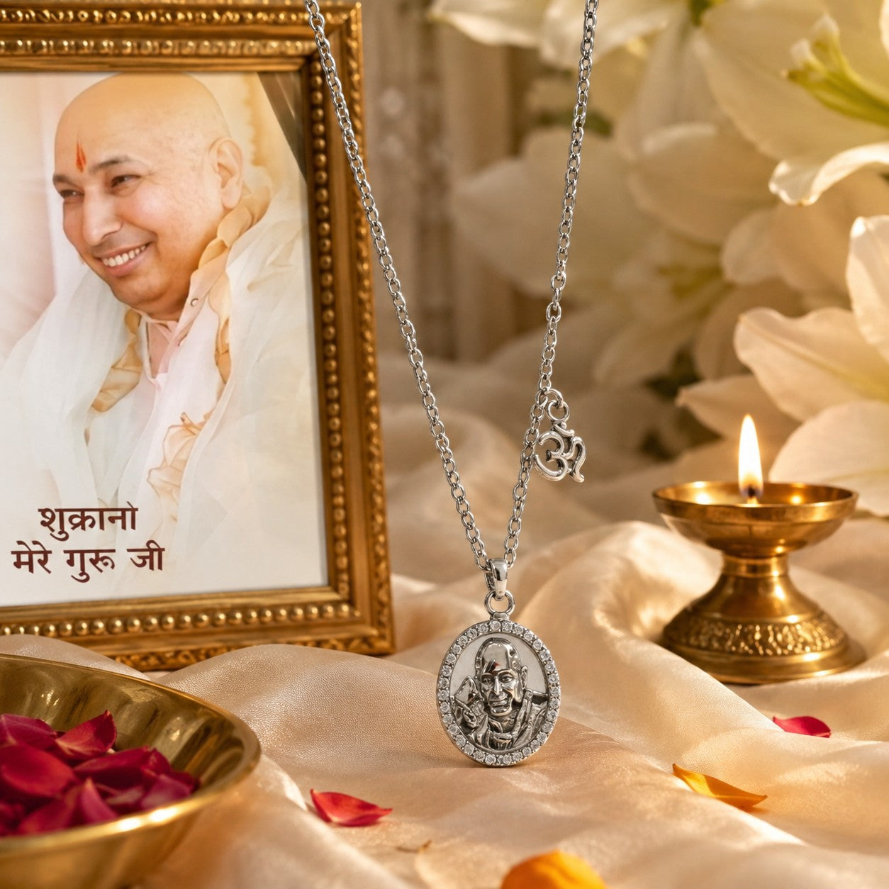 Guru Ji Bade Mandir Pendant with OM Charm Chain | Brass with Premium Silver Finish | 18 Inch Devotional Necklace | Unisex Spiritual Pendant