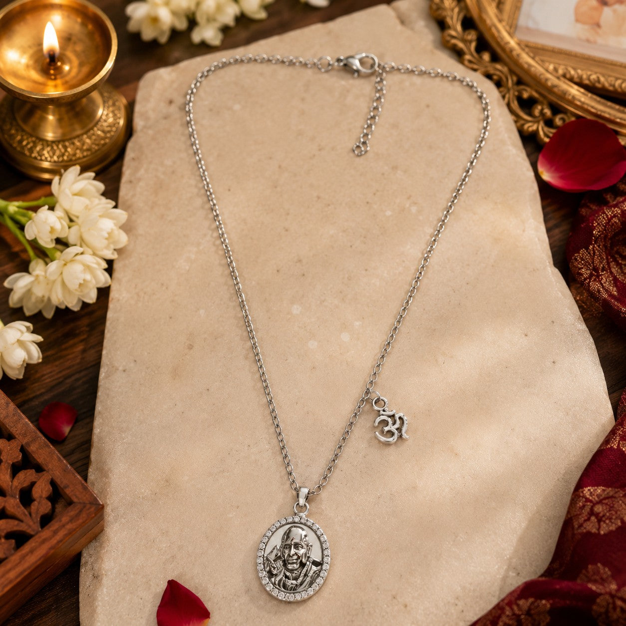 Guru Ji Bade Mandir Pendant with OM Charm Chain | Brass with Premium Silver Finish | 18 Inch Devotional Necklace | Unisex Spiritual Pendant