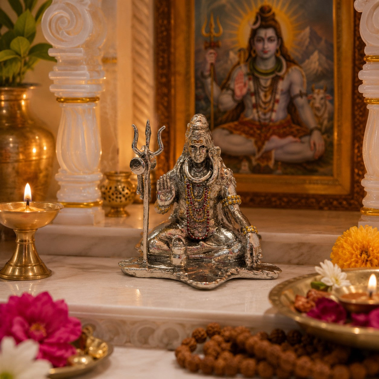 Lord Shiva Idol | Premium Brass Shiv Murti with Silver Finish | Mahadev Statue for Home Temple