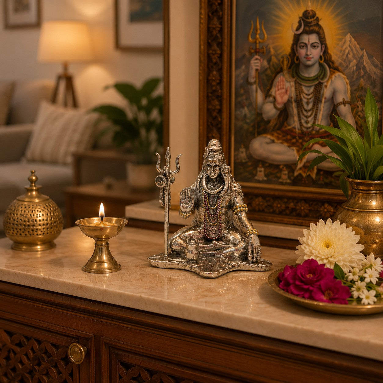 Lord Shiva Idol | Premium Brass Shiv Murti with Silver Finish | Mahadev Statue for Home Temple