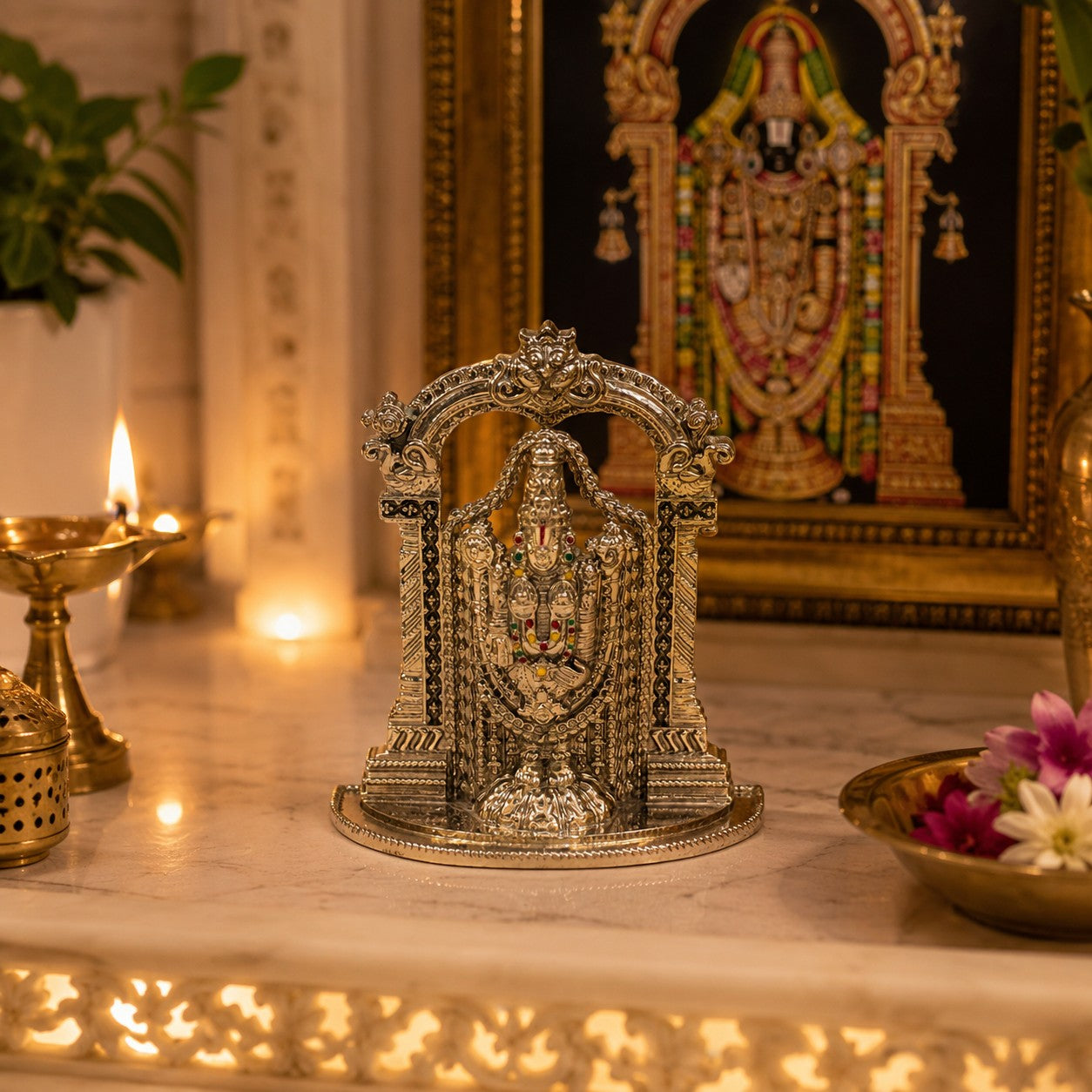 Tirupati Balaji Idol with Temple Arch | Premium Brass Murti with Silver Finish | Lord Venkateswara Statue