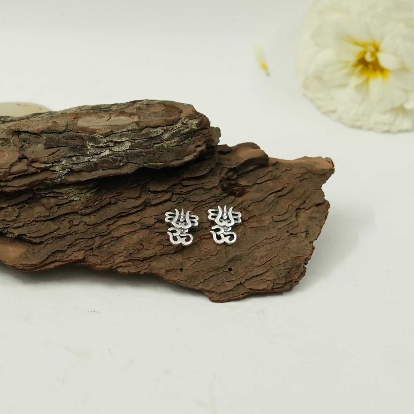 Trishul Om Silver Stud Earrings | Lord Shiva Trident Spiritual Jewellery for Men & Women