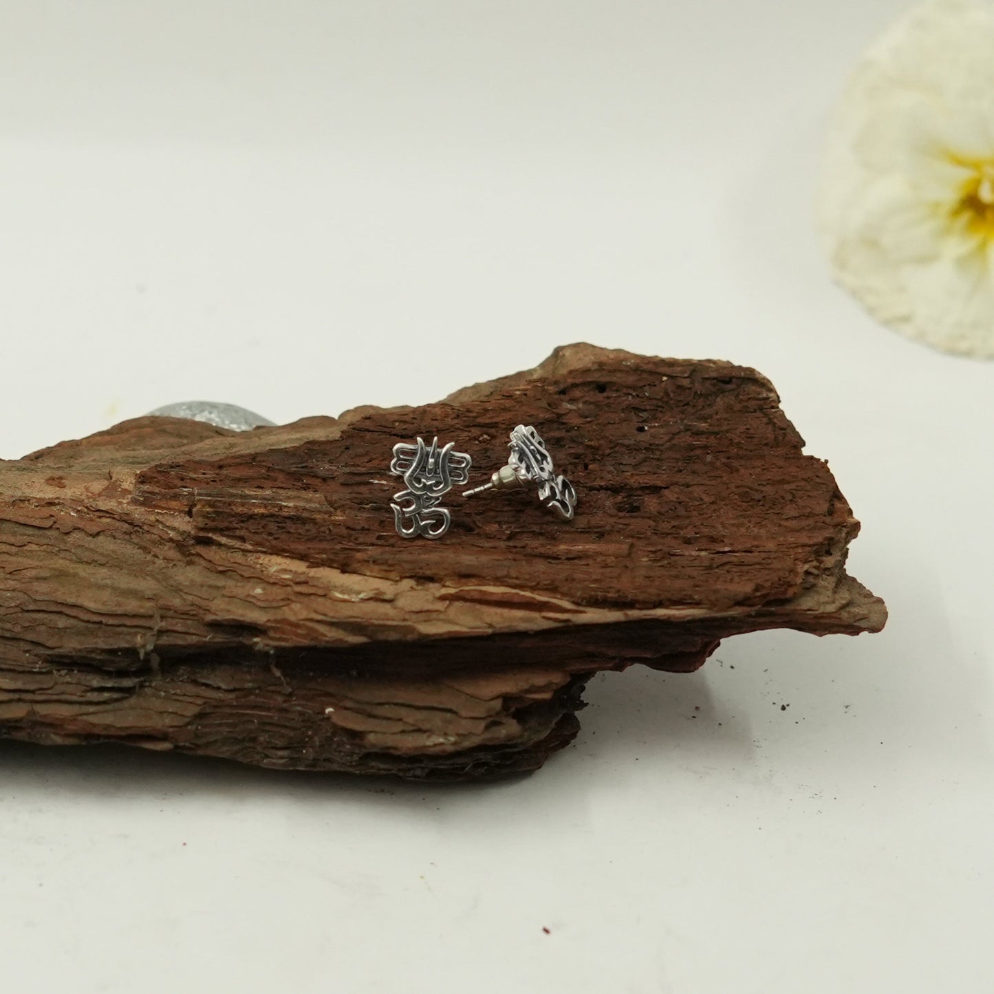 Trishul Om Silver Stud Earrings | Lord Shiva Trident Spiritual Jewellery for Men & Women