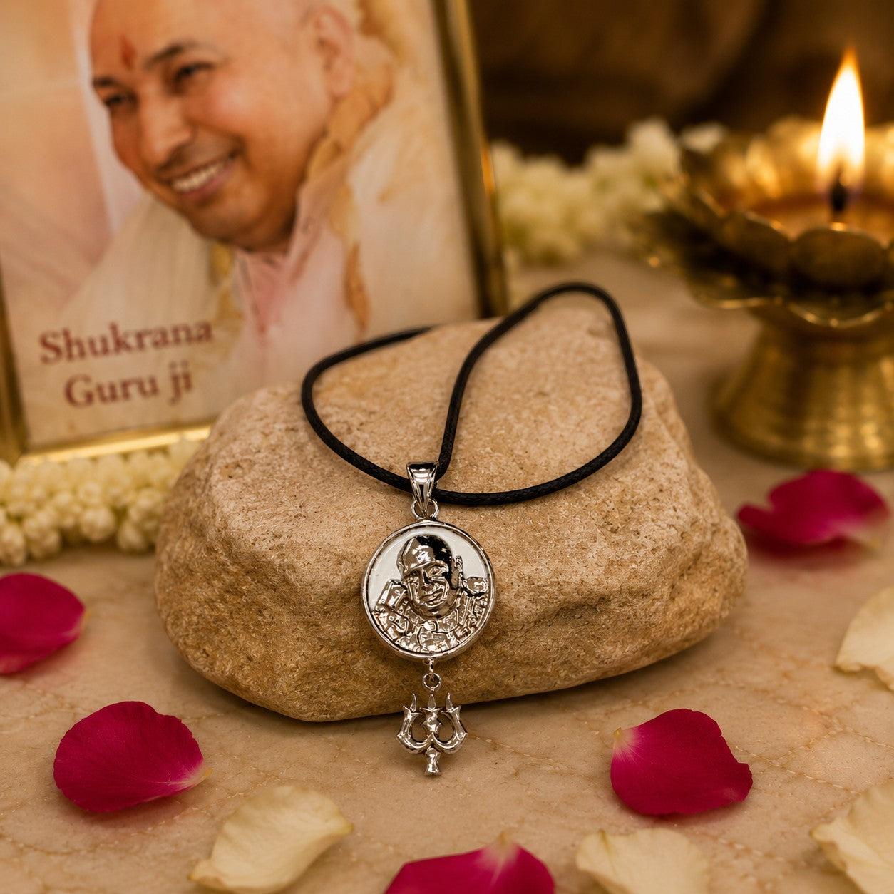 Shukrana Guru Ji Trishul Pendant | Bade Mandir Guru Ji Brass Pendant with Silver Finish