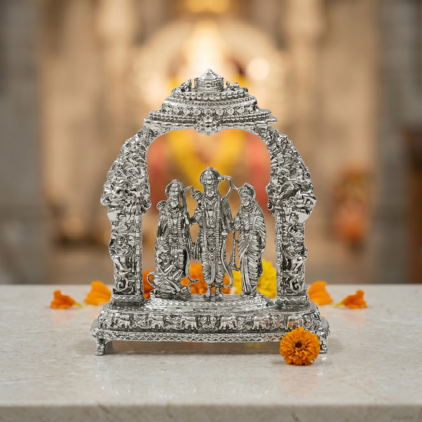 Ram Darbar Idol with Ornate Arch – Handcrafted Shri Ram, Sita, Lakshman & Hanuman Murti