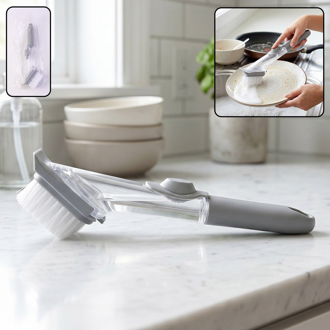 Refillable Soap Dispensing Dish Scrub Brush – Easy Kitchen Cleaning Brush with Built-in Soap Dispenser