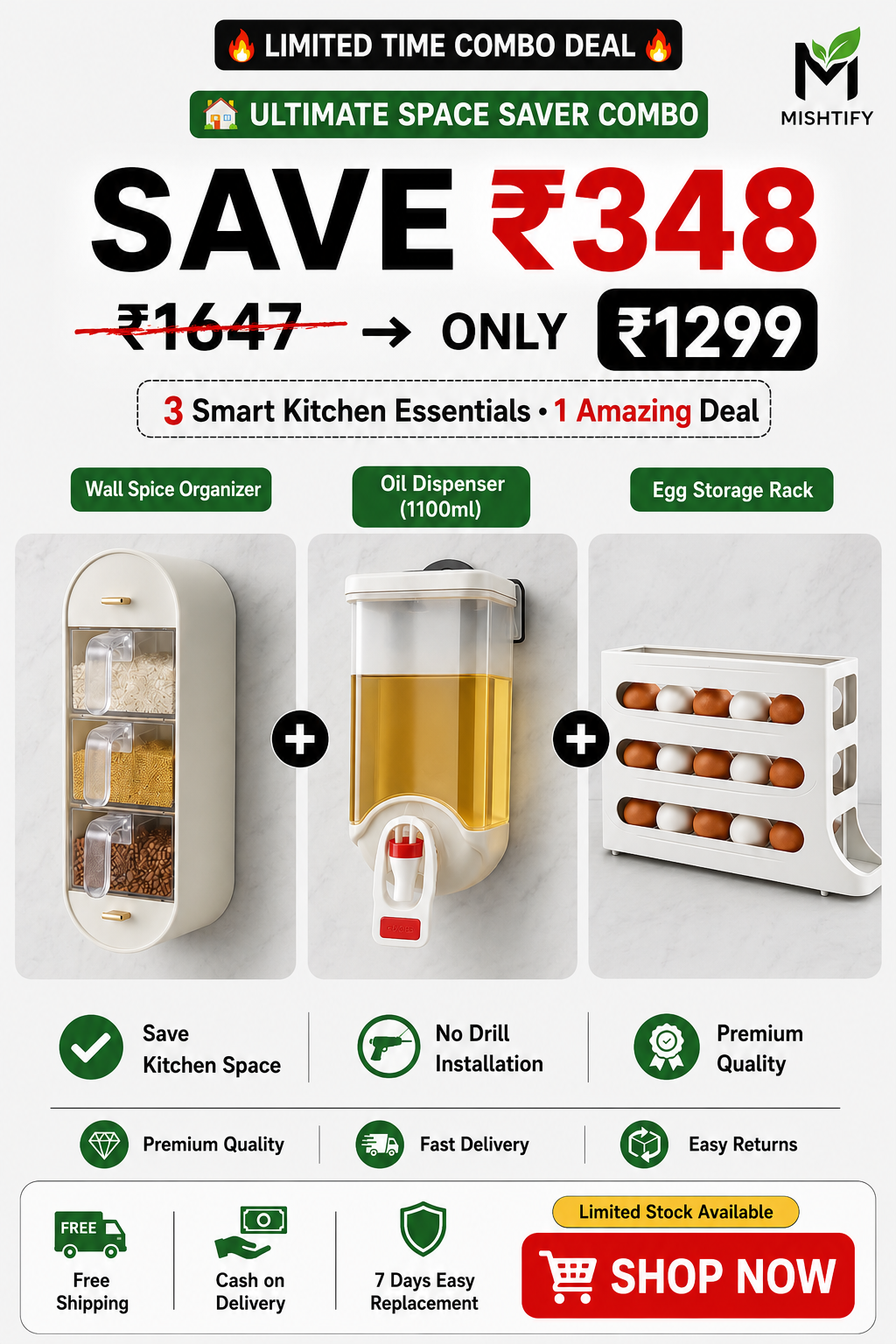 Ultimate Space Saver Combo | Wall Mounted Spice Organizer + 1100ml Oil Dispenser + Egg Storage Rack (3-in-1 Kitchen Organizer)