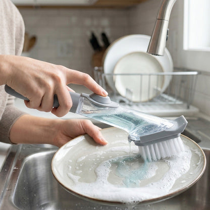 Refillable Soap Dispensing Dish Scrub Brush – Easy Kitchen Cleaning Brush with Built-in Soap Dispenser