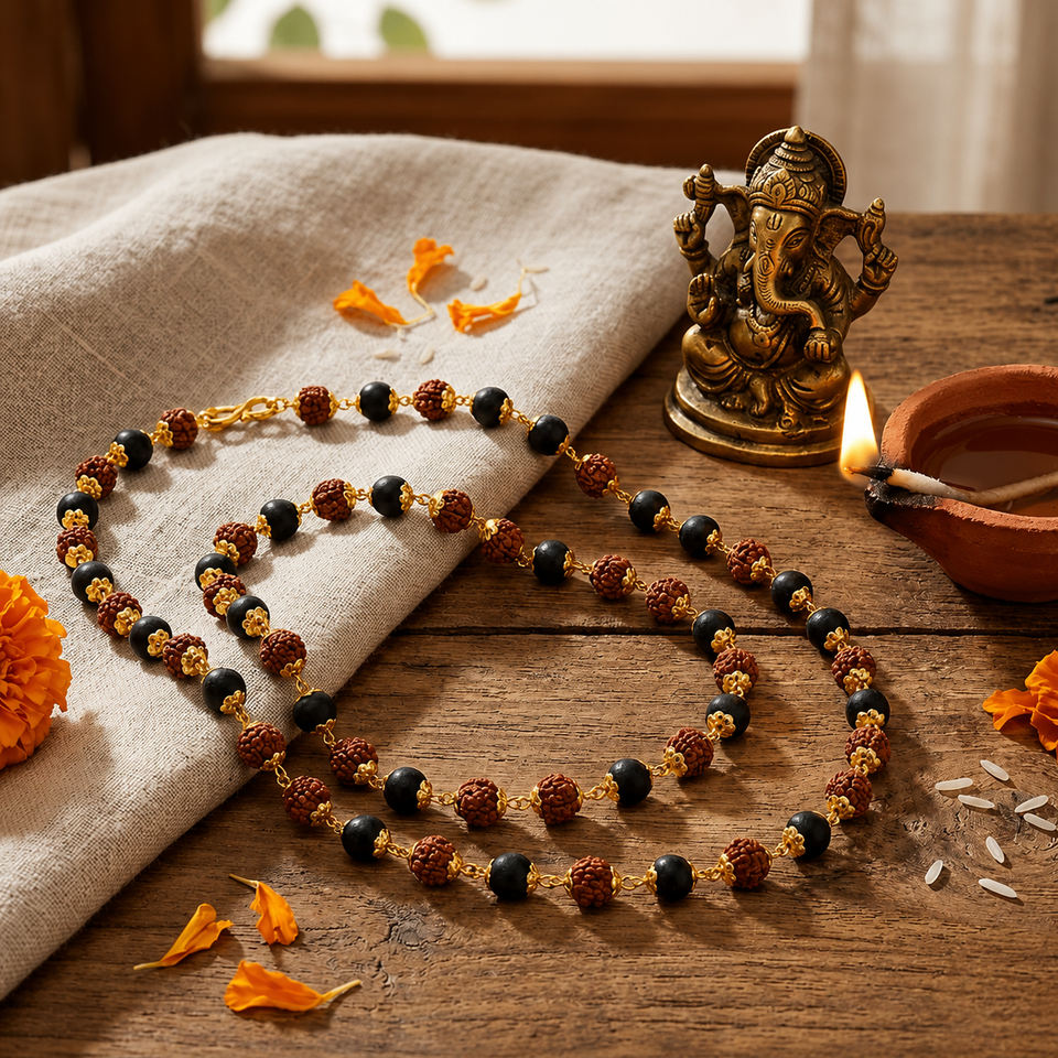 Karungali Mala With Rudraksha Beads (Gold Plated)