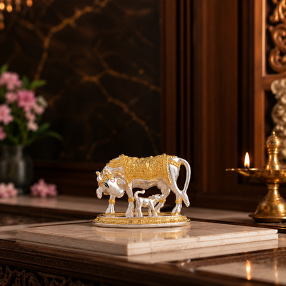 Kamdhenu Cow with Calf Idol | Gold & Silver Plated
