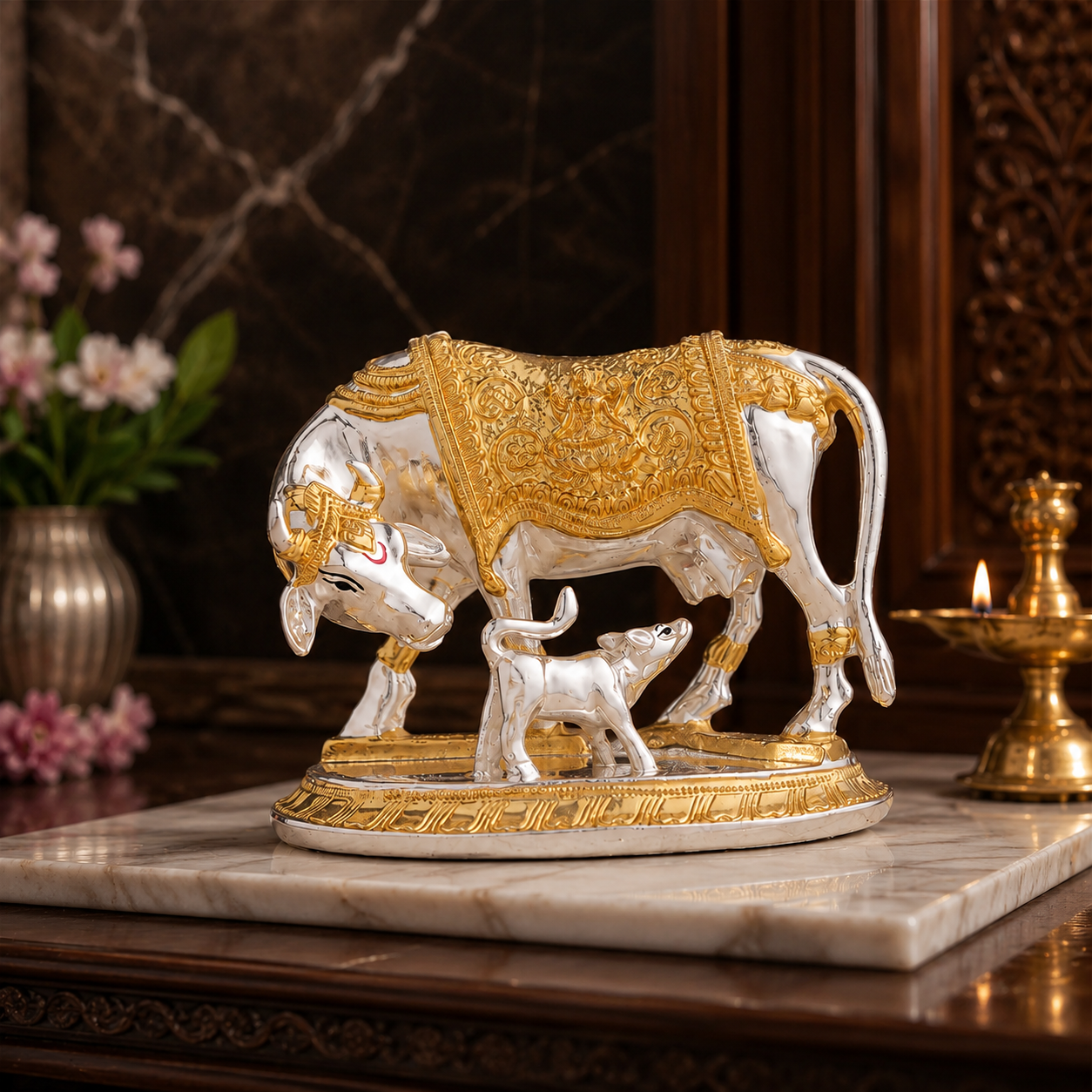 Kamdhenu Cow with Calf Idol | Gold & Silver Plated