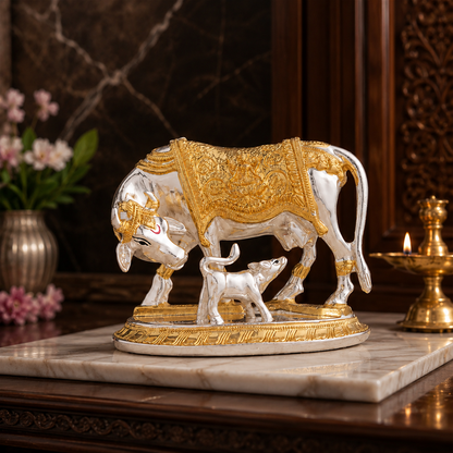 Kamdhenu Cow with Calf Idol | Gold & Silver Plated