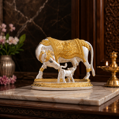 Kamdhenu Cow with Calf Idol | Gold & Silver Plated