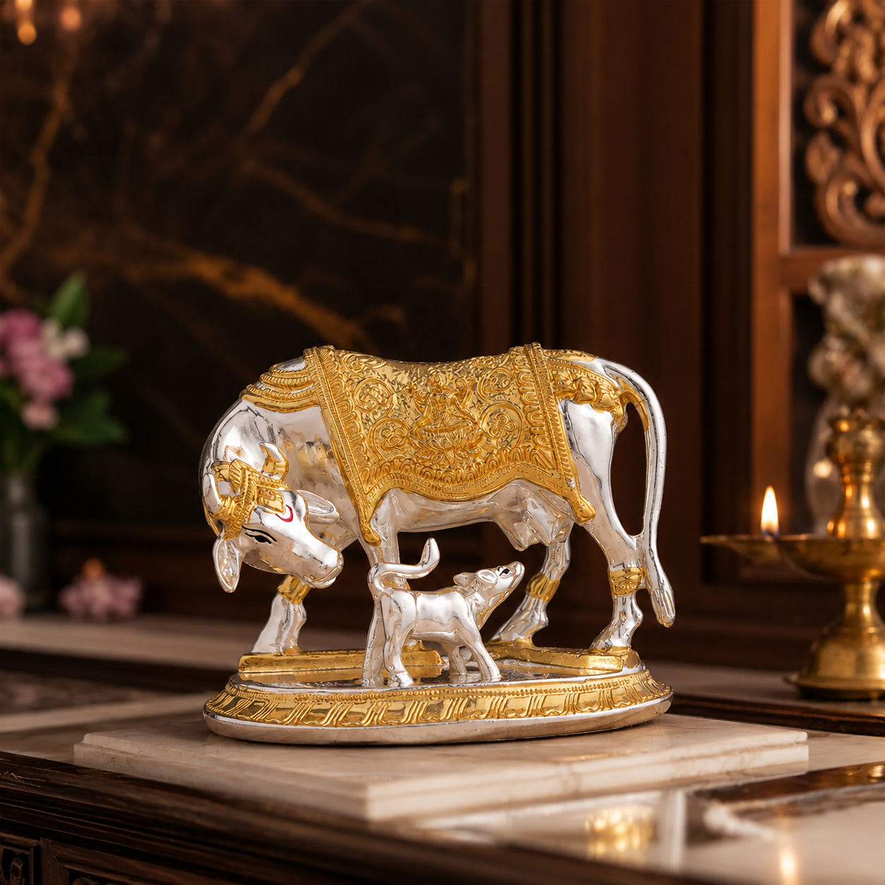 Kamdhenu Cow with Calf Idol | Gold & Silver Plated