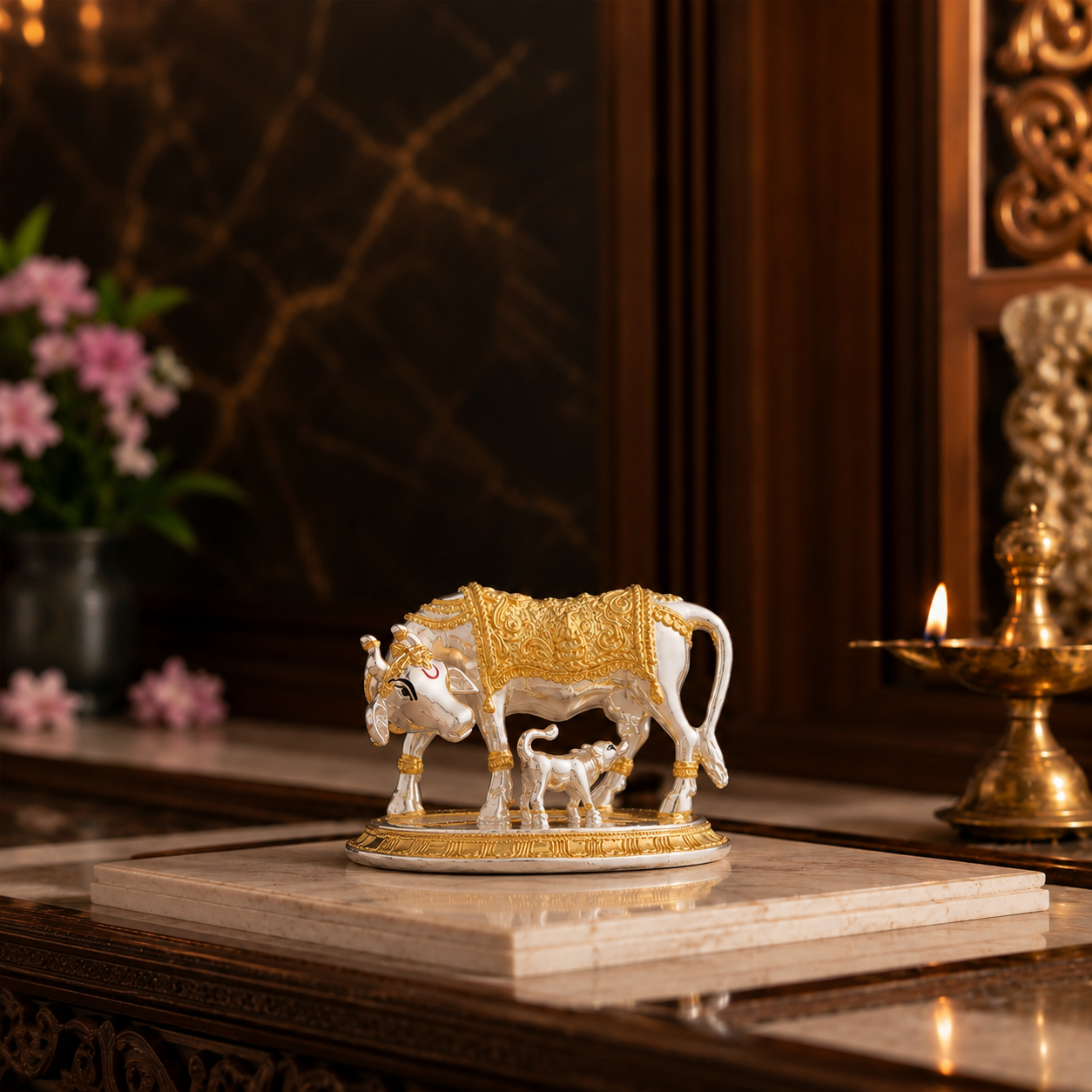 Kamdhenu Cow with Calf Idol | Gold & Silver Plated