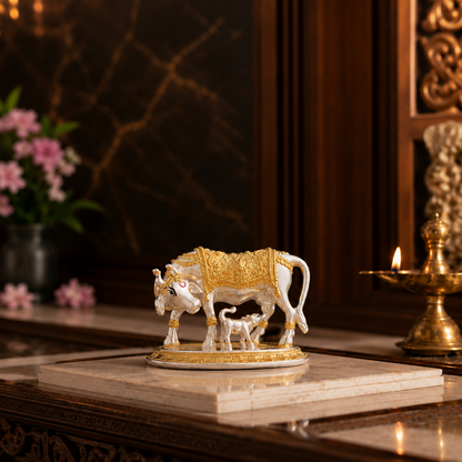 Kamdhenu Cow with Calf Idol | Gold & Silver Plated