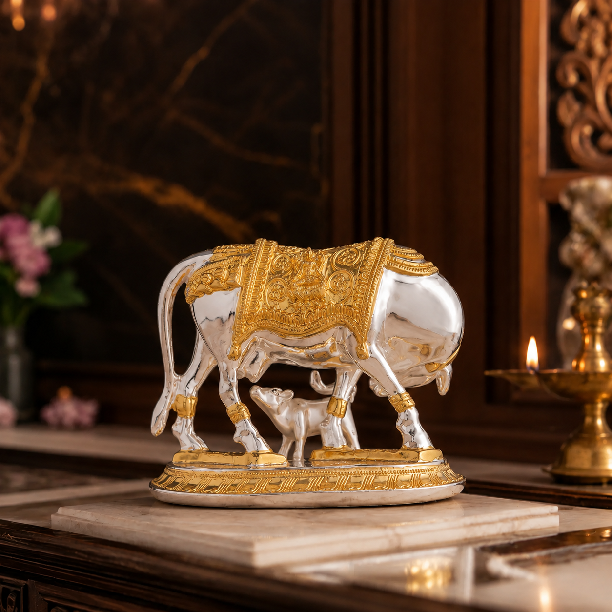 Kamdhenu Cow with Calf Idol | Gold & Silver Plated