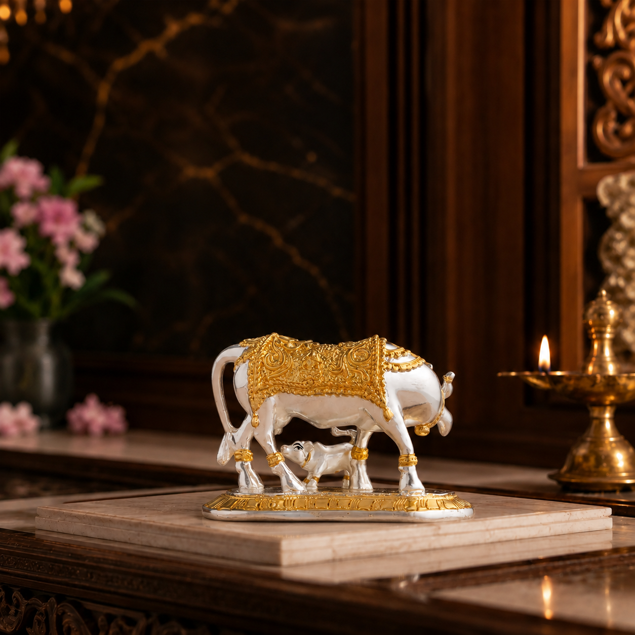 Kamdhenu Cow with Calf Idol | Gold & Silver Plated