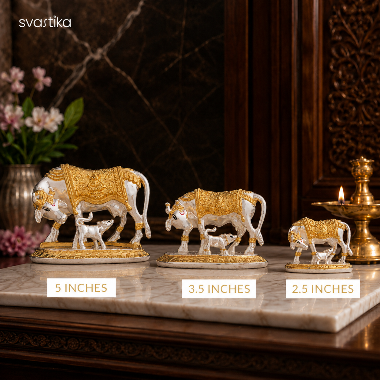 Kamdhenu Cow with Calf Idol | Gold & Silver Plated