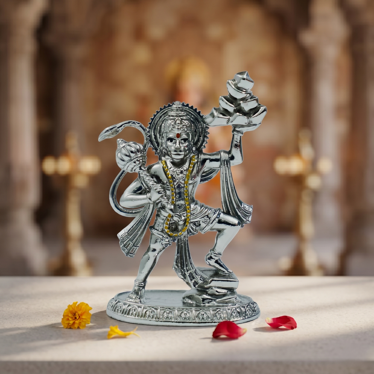 God Hanuman Murti Silver Finish Brass Idol | Sankat Mochan Bajrangbali Murti for Home & Office
