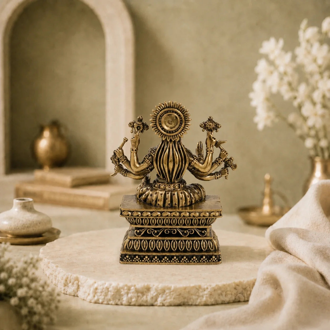 Brass Varahi Devi Murti with Eight Arms Seated on Throne (4 Inch)