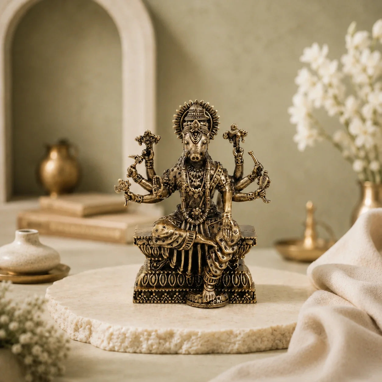 Brass Varahi Devi Murti with Eight Arms Seated on Throne (4 Inch)