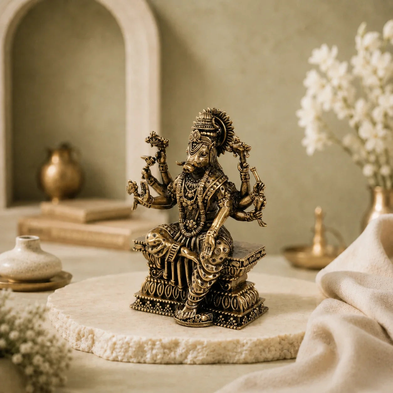 Brass Varahi Devi Murti with Eight Arms Seated on Throne (4 Inch)