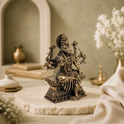 Brass Varahi Devi Murti with Eight Arms Seated on Throne (4 Inch)