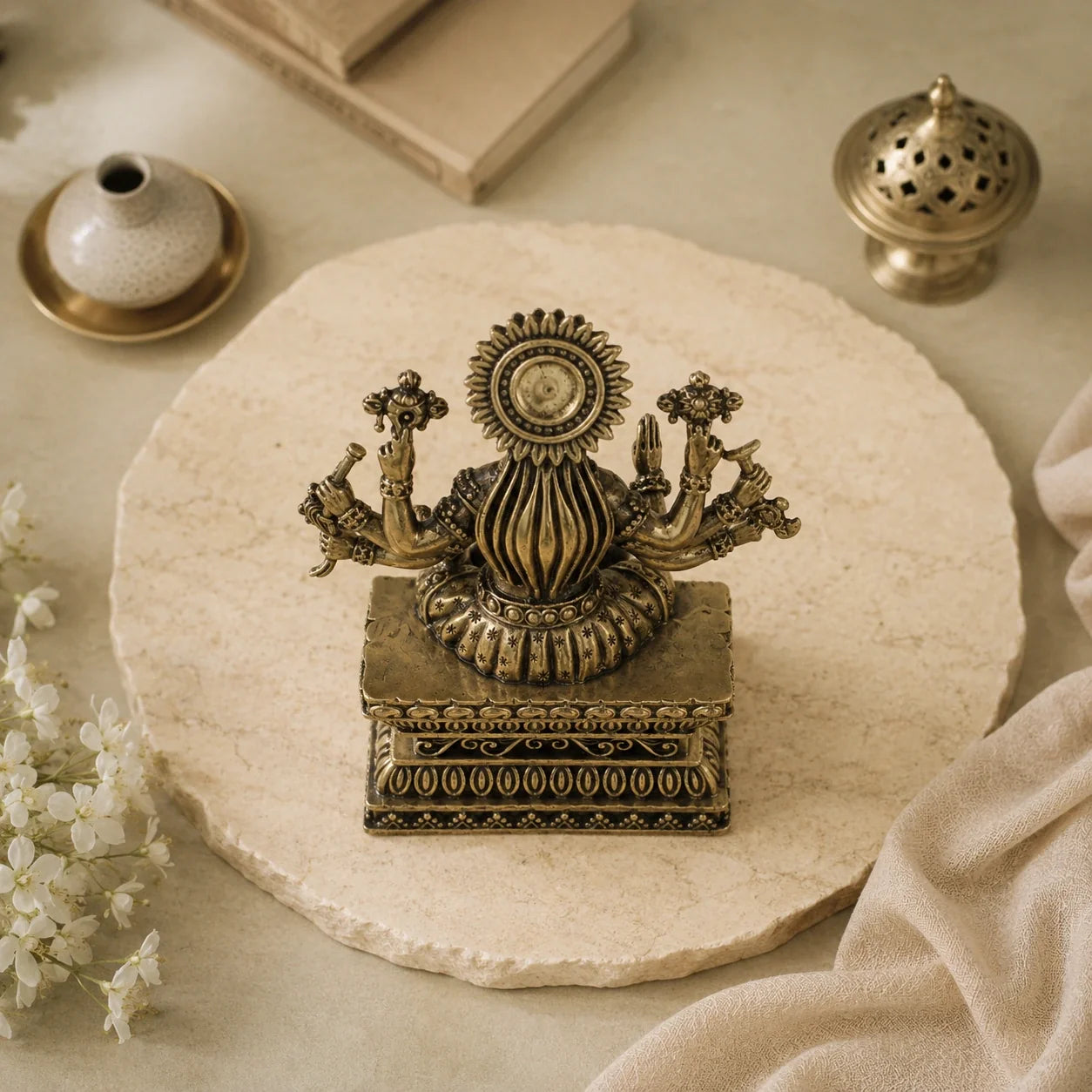 Brass Varahi Devi Murti with Eight Arms Seated on Throne (4 Inch)