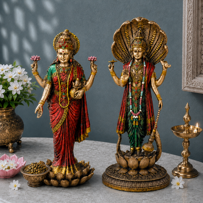 Lord Vishnu & Maa Lakshmi Standing Antique Murti Set