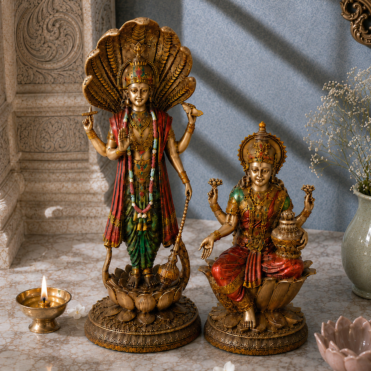 Lord Vishnu & Goddess Lakshmi Antique Murti Set (12 Inch & 7 Inch)