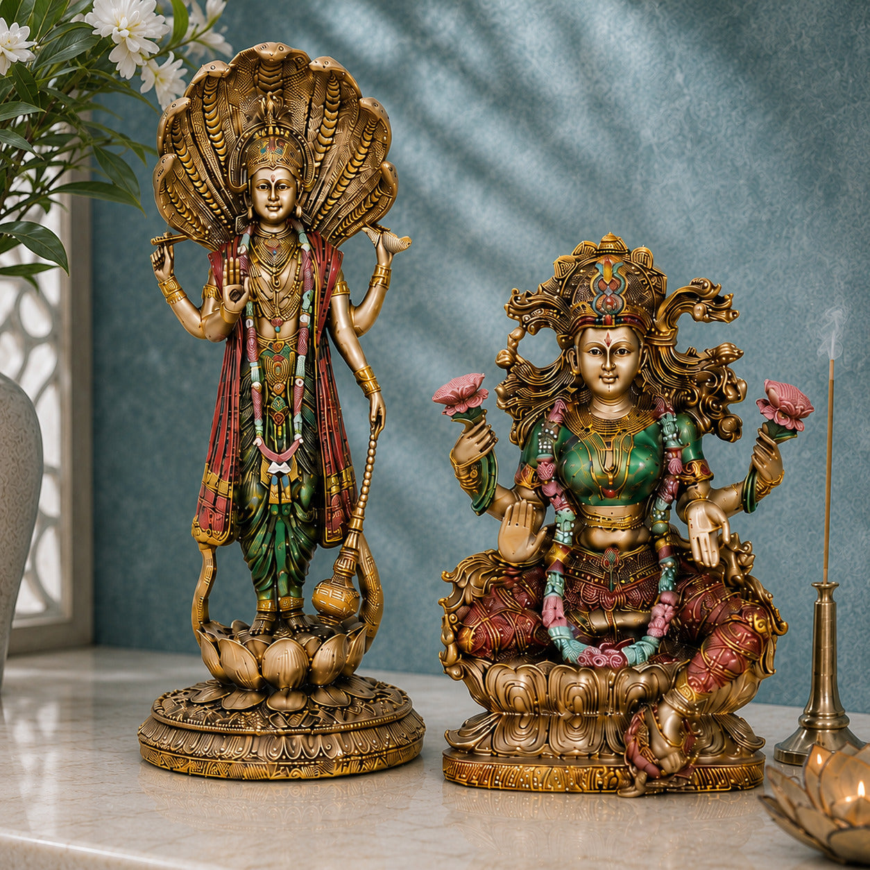 Lord Vishnu & Goddess Lakshmi Antique Murti Set (12 Inch & 10 Inch)