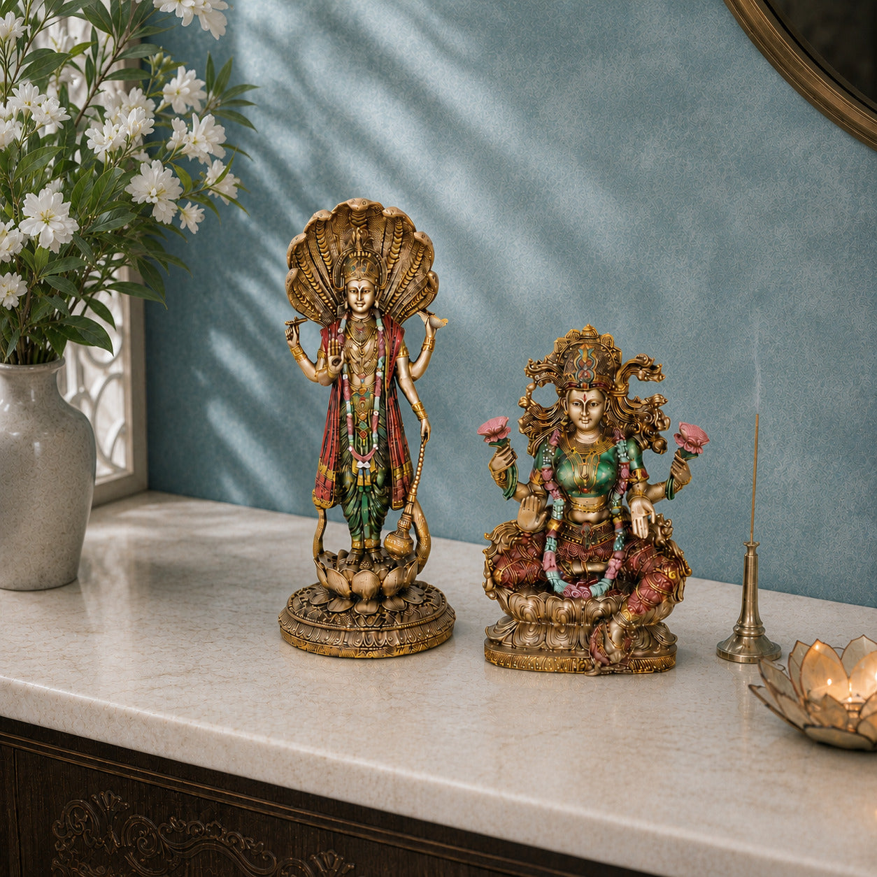 Lord Vishnu & Goddess Lakshmi Antique Murti Set (12 Inch & 10 Inch)