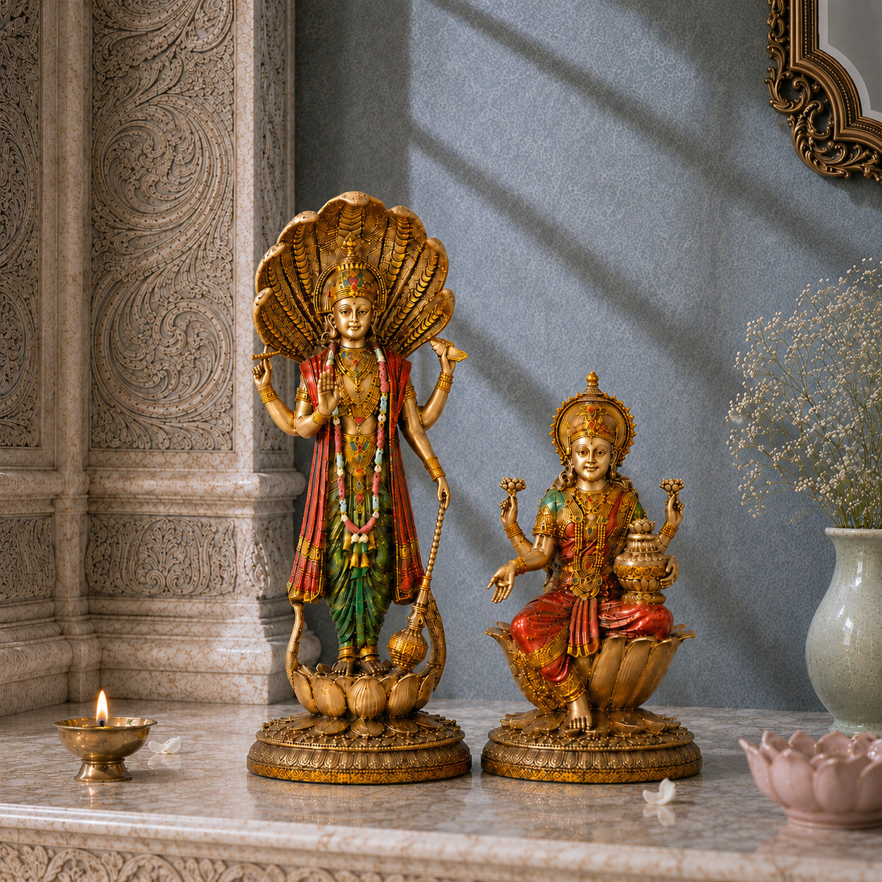 Lord Vishnu & Goddess Lakshmi Antique Murti Set (12 Inch & 7 Inch)